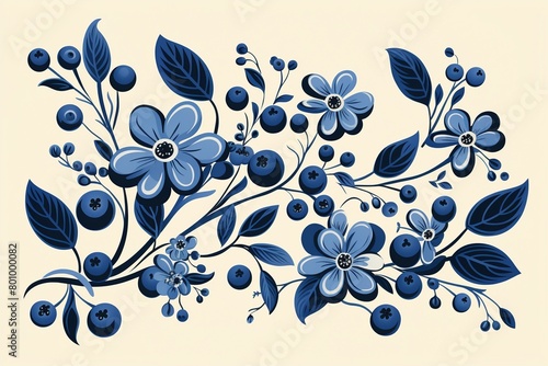 Vintage blueberry print in flat graphic style, perfect for creating a seamless design on culinarythemed ceramics and textiles ,  high resolution photo