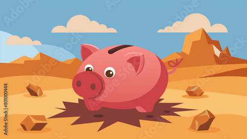 A cracked piggy bank with coins spilling out onto a barren landscape indicative of financial strain.