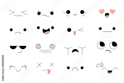 Kawaii Style Faces manga anime emotions, comic expressions, cute eyes collection isolated on white background. Doodle smiley mood design elements, 