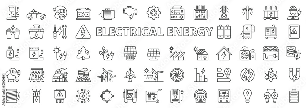 Electrical energy in line design. Electrical, energy, icons, charge, industry, battery, solar panel, green, electricity on white background vector. Electrical energy editable stroke icons. Electrical energy in line design. Electrical, energy, icons, charge, industry, battery, solar panel, green, electricity on white background vector. Electrical energy editable stroke icons.