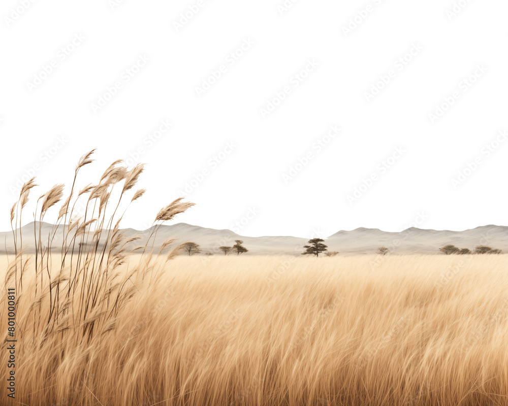 Golden grassland stretching to the horizon with scattered trees under a pale sky, evoking the vastness of the savanna. Generative AI