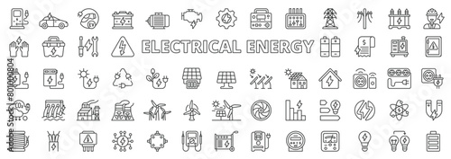 Electrical energy in line design. Electrical, energy, icons, charge, industry, battery, solar panel, green, electricity on white background vector. Electrical energy editable stroke icons. photo