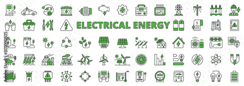 Electrical energy in line design, green. Electrical, energy, icons, charge, industry, battery, solar panel, green, electricity on white background vector. Electrical energy editable stroke icons.