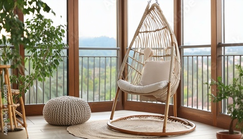Boho Bliss: Cozy Balcony Retreat with Swinging Chair and Greenery"