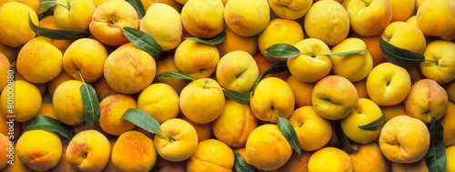 Group of yellow peaches with leaves