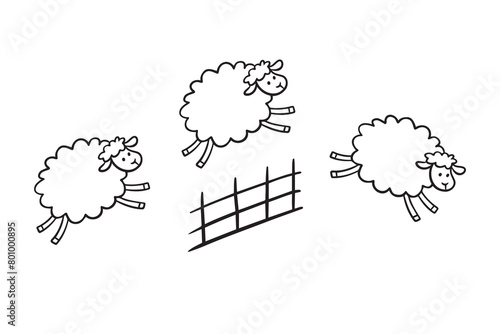 Doodle line cute sheep jumping over fence. Good night sleep poster. Counting sheep to fall asleep. 