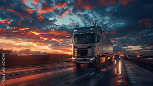 A sleek modern semi-truck with bright LED lights travels on a wet road, illuminated by the golden sunset sky