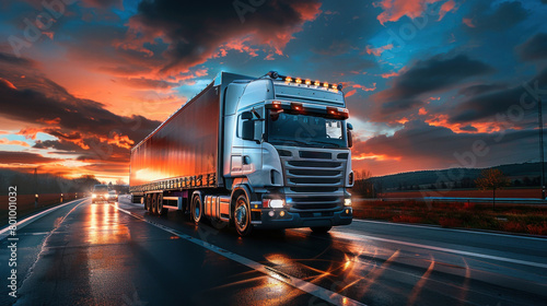 A stunning image showcasing a large truck driving on a highway with a spectacular sunset and moody clouds in the backdrop