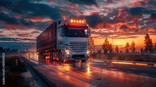 This image captures a heavy truck on its journey down the highway at dawn, with clouds parting after a storm photo