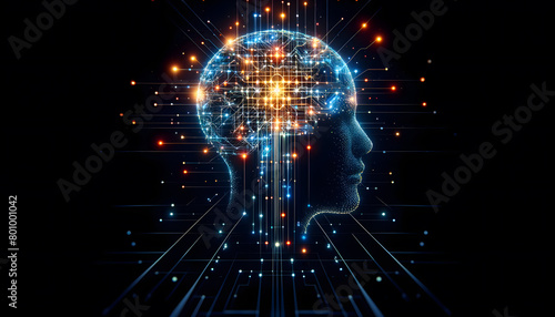 a silhouette of a human head, with an intricate network of circuits and digital pathways inside. The circuits representing the dynamic flow of information.