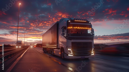A beautifully captured image of a white truck on a road with a breath-taking sunset creating a dramatic backdrop