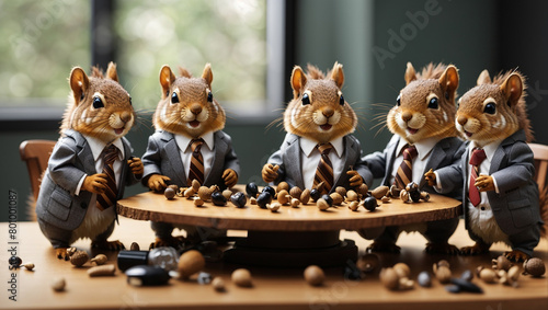 Five toy squirrels in suits are sitting around a table covered in nuts.

 photo