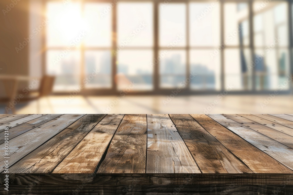 Empty wood table top and blur glass window wall building banner mock up abstract background - can used for display or montage your products - generative ai Empty wood table top and blur glass window wall building banner mock up abstract background - can used for display or montage your products - generative ai