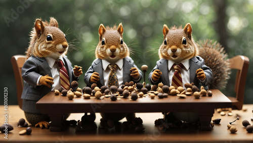 Five toy squirrels in suits are sitting around a table covered in nuts.