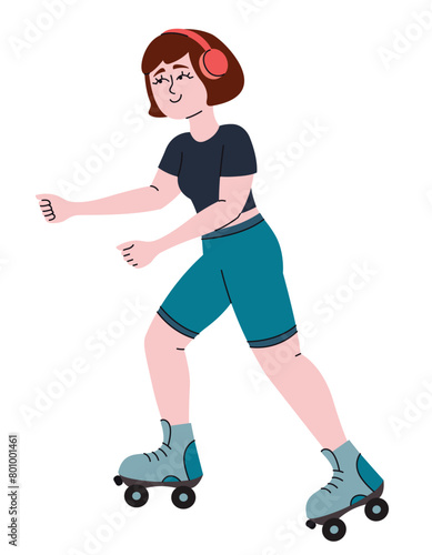 Woman roller skating. Female person in doodle style.