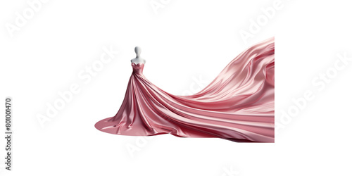  A luxurious pink satin gown with an elegant train flowing in the wind, reflecting soft lighting on a white background.