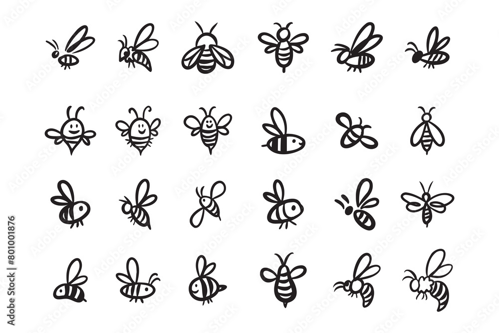 Doodle hand drawn bee. Set Cartoon outline line style bees. Doodle hand drawn bee. Set Cartoon outline line style bees.