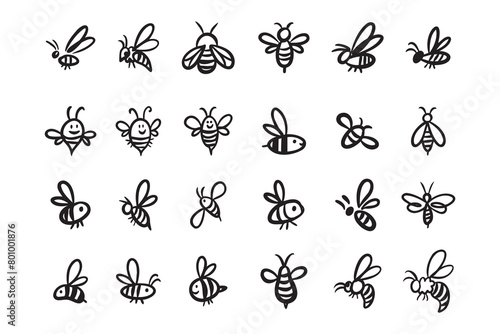 Doodle hand drawn bee. Set Cartoon outline line style bees.