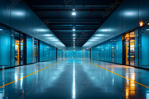 Industrial Data Center at Night with Blue Light and Server Racks photo