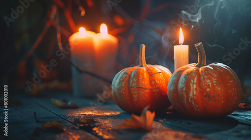 Halloween pumpkins with burning candles on dark background photo