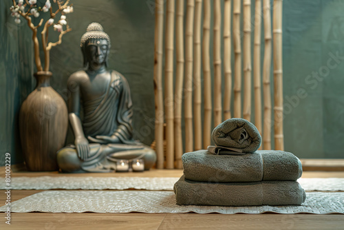 daybed with towels in thai massage parlor  buddha figure on background  wooden wall material  minimalistic modern zen style