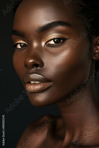 Elegant portrait of an African American woman with luminous, smooth skin and light makeup, captured in a high-end fashion studio