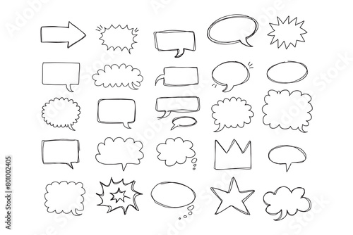 Speaking hand drawn doodle bubbles set. Talk clouds sketch frames. Speech thought Balloon shapes.