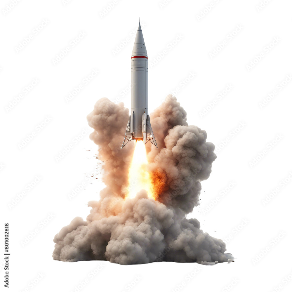 Isolated Missile Rocket with Fiery Trail on Transparent or White Background