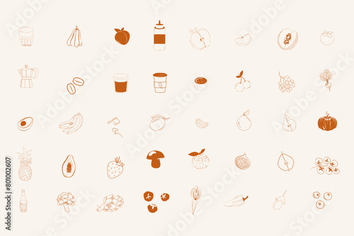 Collection of food and drinks icons. Minimalistic linear icon. Helthy food icon. Editable vector illustration.