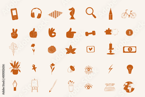 Collection of hobbies and leisure icons. Sport, art, business, finance, nature symbols. Editable vector illustration.