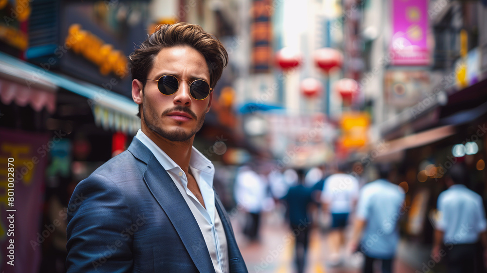 Fototapeta premium Portrait of handsome and smart businessman on crowd people background