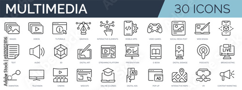 Set of 30 outline icons related to multimedia. Linear icon collection. Editable stroke. Vector illustration