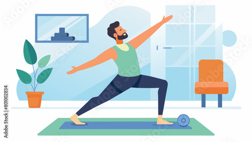 Following a video tutorial a man does a full body yoga flow in his home gym..