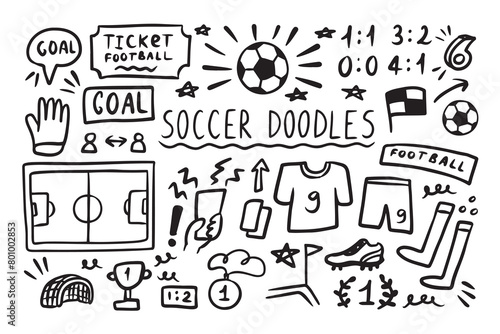 Soccer doodle elements set. Football sport ball, winner cup. Hand drawn sketch style.