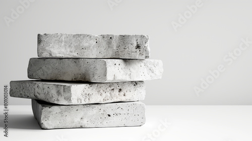 Minimalistic design image of three evenly stacked concrete slabs with a clean white background suggesting simplicity and stability