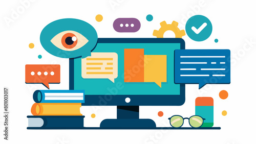 A specialized computer with assistive software such as texttospeech or screen magnification allowing a person with learning disabilities or vision. Vector illustration