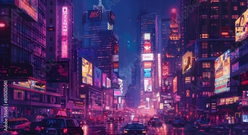 Times Square at Night with Bright Billboards and City Traffic