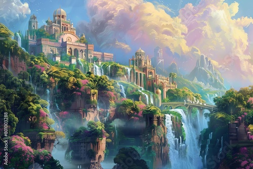 A beautiful digital painting of a floating island with a city on it #801003288