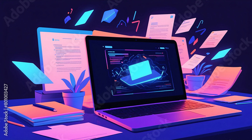 Illustration of digital files and laptop on neon background. Working with documents online, digitalization and data storage concept photo