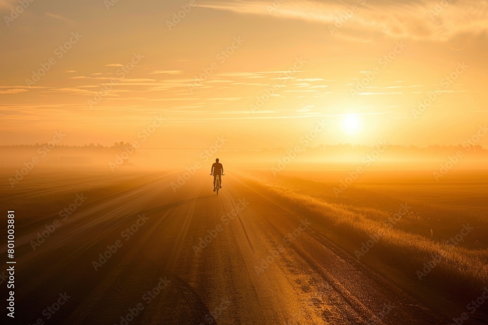A man is riding a bicycle down a road at sunset