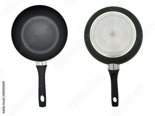 Frying pan with non-stick coating. Front view, rear view. Isolate.