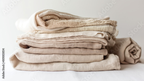 A neatly organized pile of various beige linen fabrics with different textures, perfect for a cozy and natural aesthetic