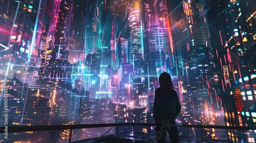 A person stands on a ledge looking out over a cityscape with neon lights photo