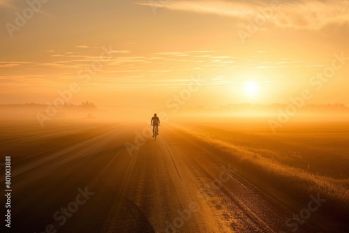 A man is riding a bicycle down a road at sunset