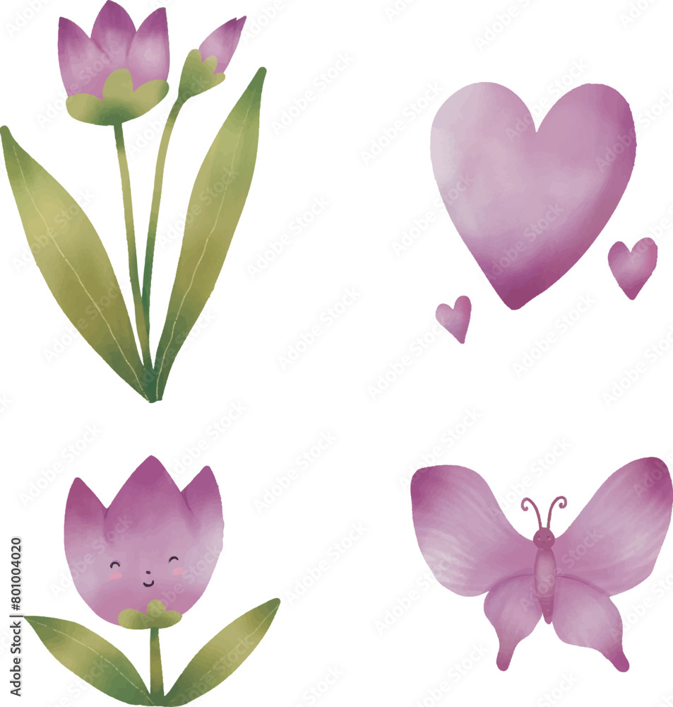 Hand drawn watercolor set of purple tulips. Purple tulips clipart. Purple tulips isolated element. purple tulips free vector.