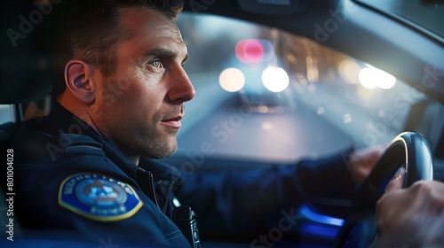 Male policeman driving a car in work