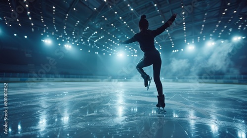 A woman is skating on a rink with lights shining on her