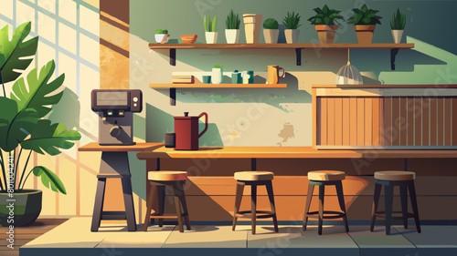 Seat and wooden counter with coffee equipment on counter bar and wooden shelf on rough cement wall.