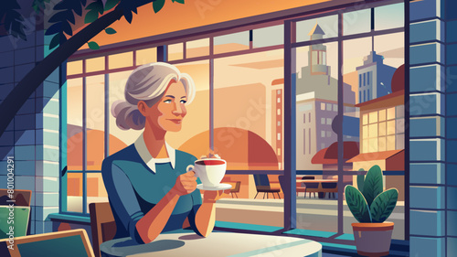 Happy mature woman with coffee cup sitting in cafe seen through glass