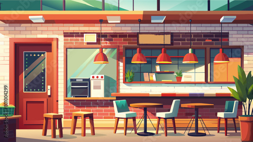The interior of the coffee shop in the white sky, with a red brick wall of a wooden design counter in the background.